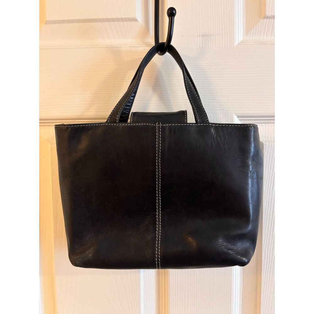 G.H. Bass & Co Black Leather Small Tote Shoulder Bag Contrast Stitch Organizer
